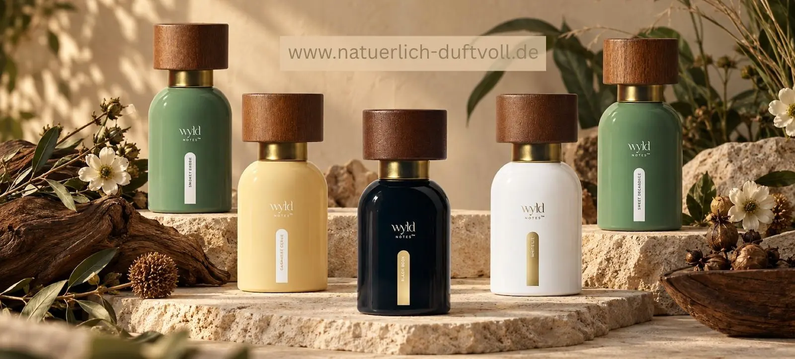 Fünf Young Living Wyld Notes Parfums: Smokey Ember, Cashmere Crème, Black Book, White Lie und Sweet Decadence